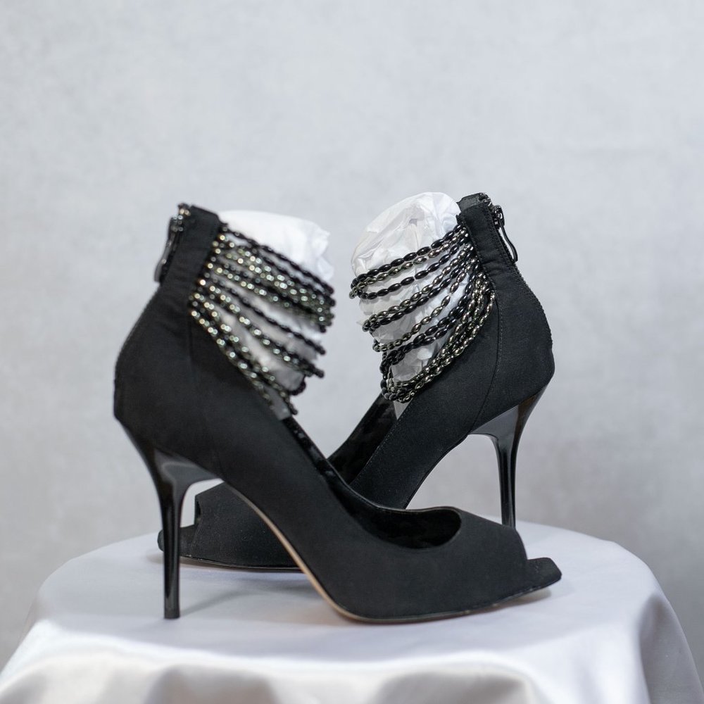 J. Renee Heels Beaded Ankle Straps Zip Up Back Black Textile Upper Size 8.5